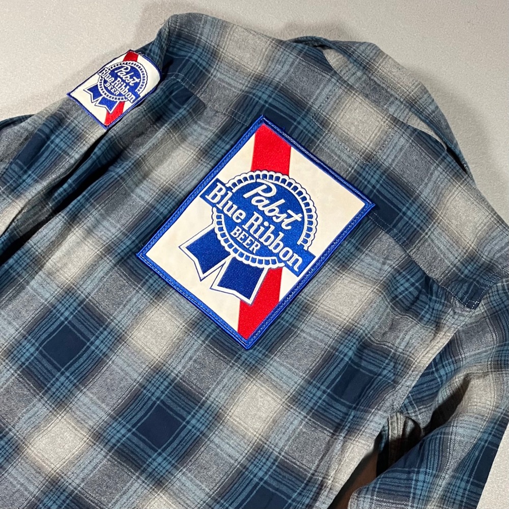 Vtg Angry Minnow Men S Pabst Blue Ribbon PBR Plaid Flannel Embroidery Shirt